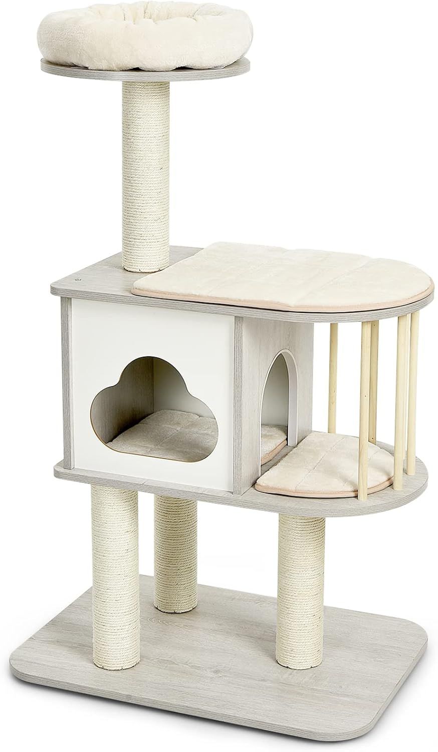 GYMAX キャットタワー 高さ117cm 木製 猫ハウス 猫タワー 猫部屋 猫用 据え置き 多頭飼い 天然麻紐 爪とぎ 爪磨き 展望台 安定感 運動不足解消 猫おもちゃ 猫の遊び場 おしゃれ グレー