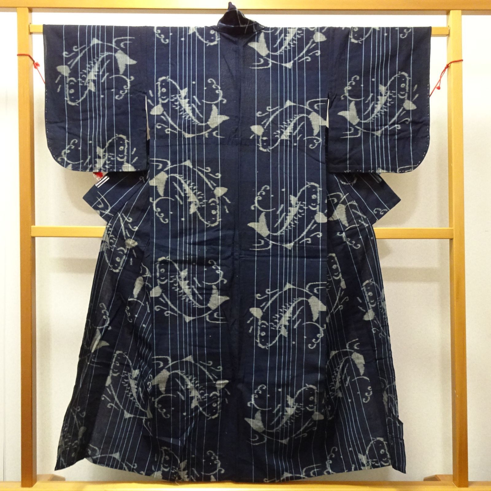 アンティーク 木綿 手織 本場久留米絣 着物 鯉の滝登り 231769