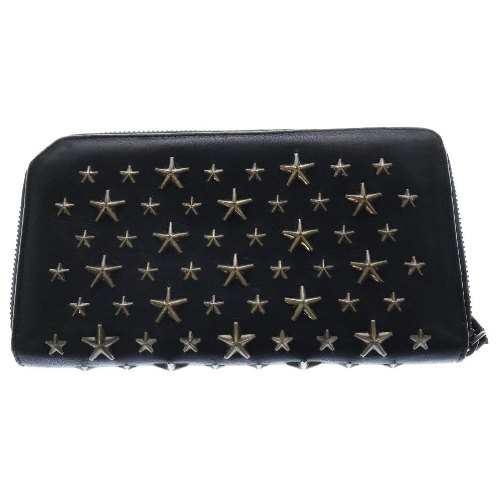 【美品】ジミーチュウ　長財布　ラウンドジップ　スタッズ　ロゴ　ブラック　レザー JIMMY CHOO（ジミーチュウ） 財布 長財布 ラウンドファスナー スタッズ