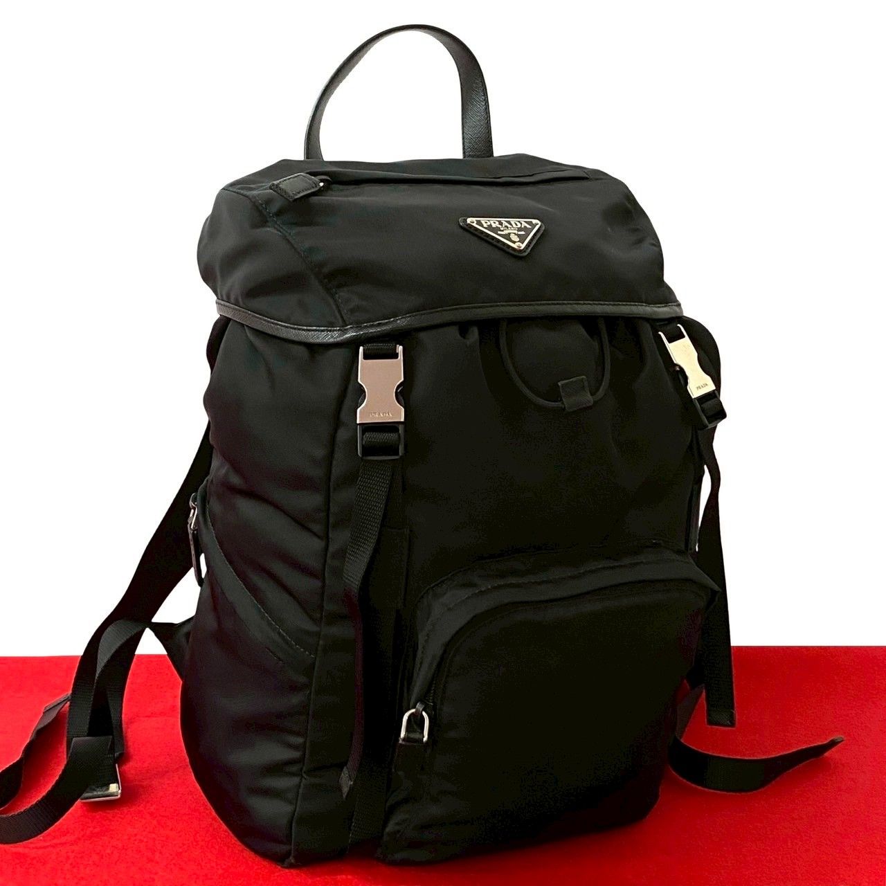 PRADA プラダ 三角ロゴ 金具 ナイロン サフィアーノ レザー 本革 巾着 リュックサック デイパック バックパック ブラック 30589