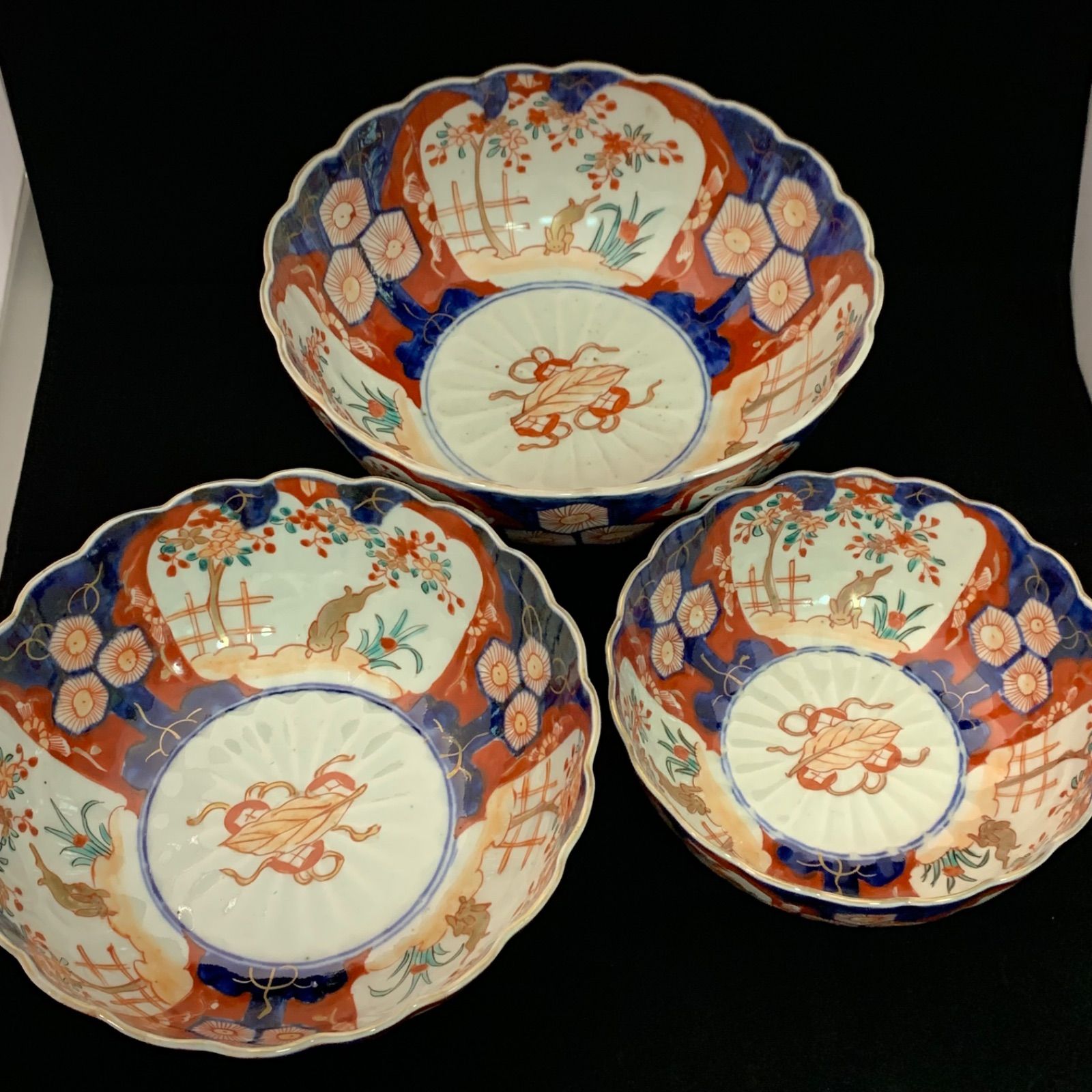 古伊万里 染錦 三つ鉢 三重鉢 三つ丼 二重高台 江戸 明治 骨董品