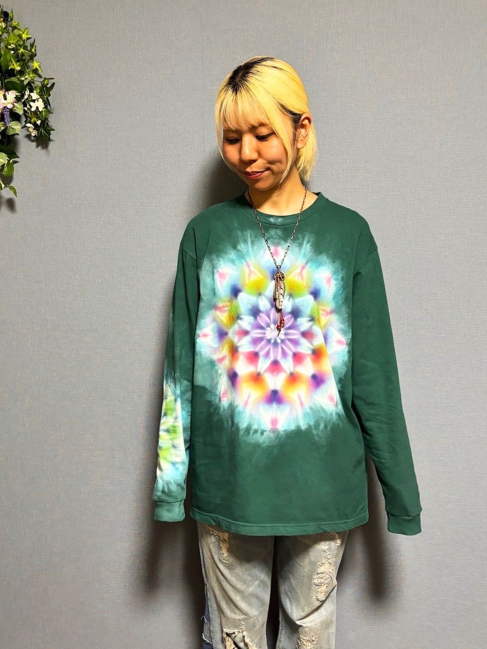 タイダイ 長袖 Tシャツ Lサイズ 曼荼羅模様 ダークグリーン　 HD23-30