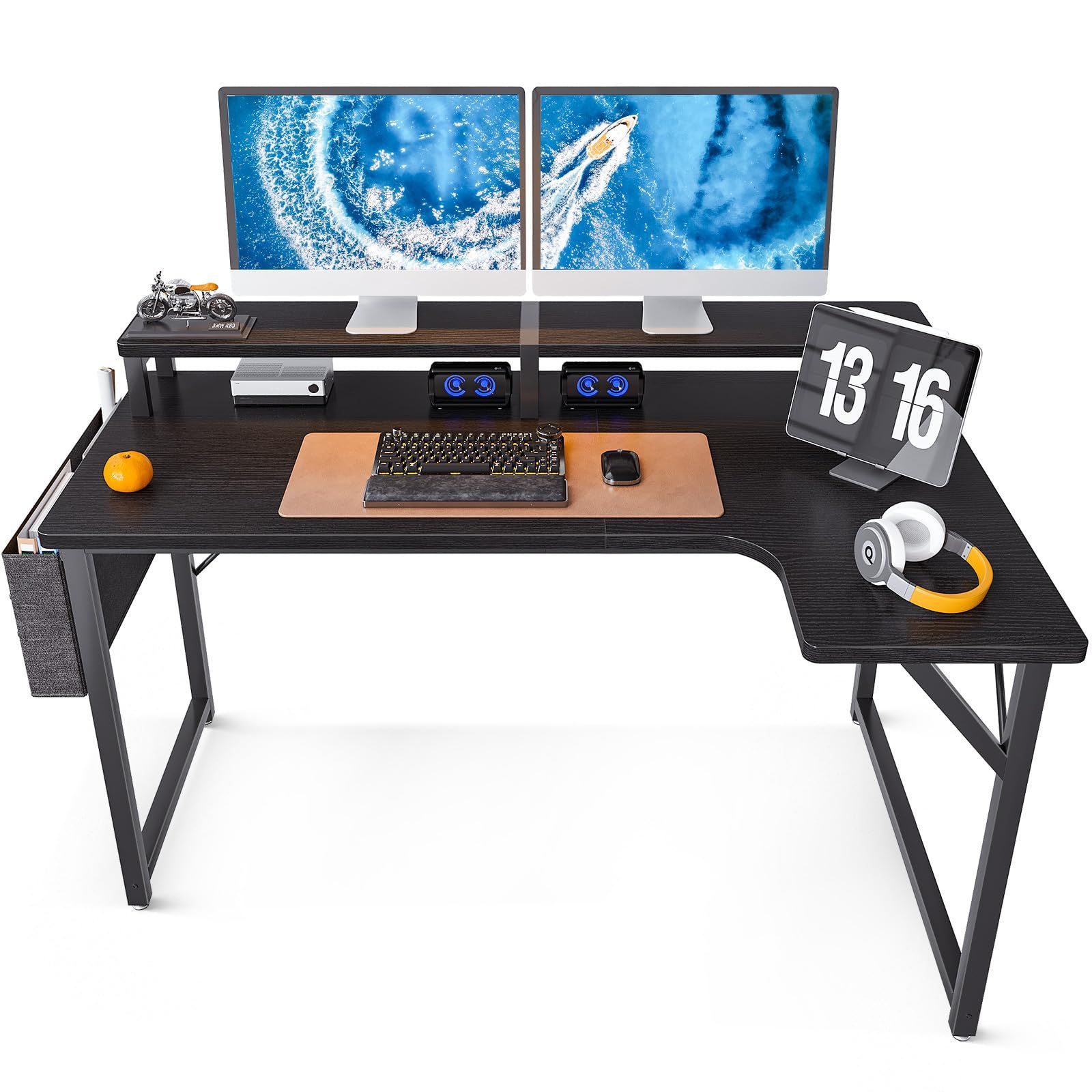 モニター台付き pcデスク 収納袋付き L字型 机 ワークデスク 幅120cm desk ゲームデスク パソコンデスク  l字デスク 省スペース 在宅ワーク ゲーミングデスク 一人暮らし ODK ブラック