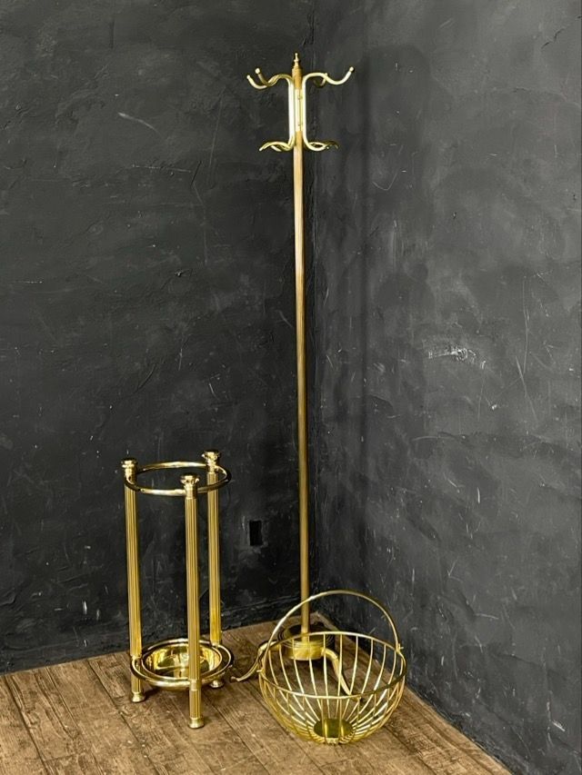 真鍮製 アンティーク調インテリア ポールハンガー 傘立て フルーツバスケット 3点セット ゴールド系 514365