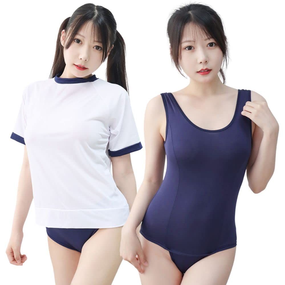 MONEON エッチ コスプレ 体操服 穴あき 過激 スクール水着 旧型 体操着 ＆ ブルマ ＆ スク水 3点セット オープンクロッチ 女性 えっちな下着 セクシー 大人のコスプレ 撮影会 イベント ブルマー 紺色 競泳 定番 シンプル