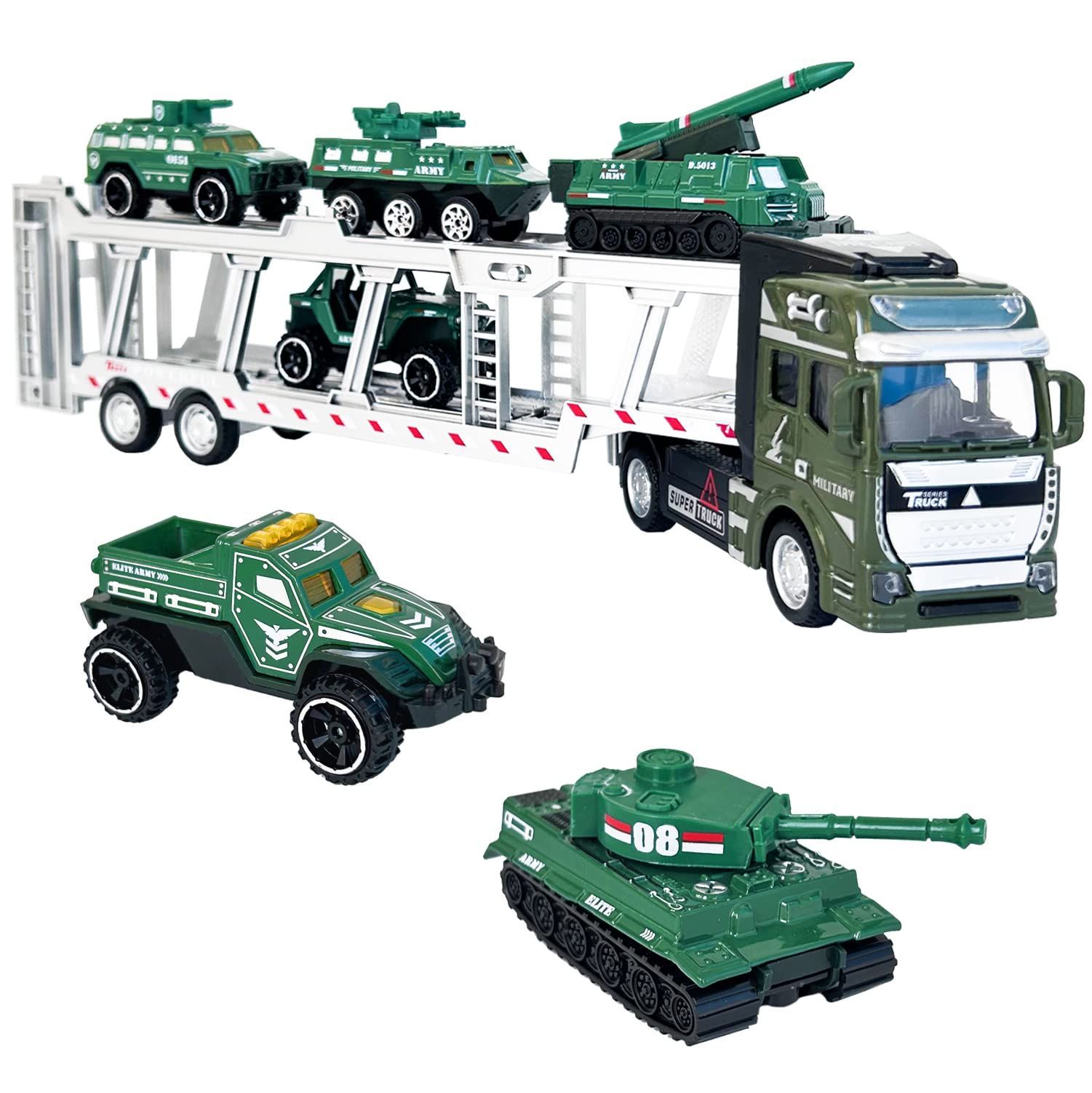 CORPER TOYS 車 おもちゃ 戦車セット 戦車おもちゃ ミニカーセット キャリアカー 2IN1 合金製 7台セット 収納 軍事車両 乗せて運ぶ 子供 男の子 女の子 贈り物 クリスマス プレゼント グリーン