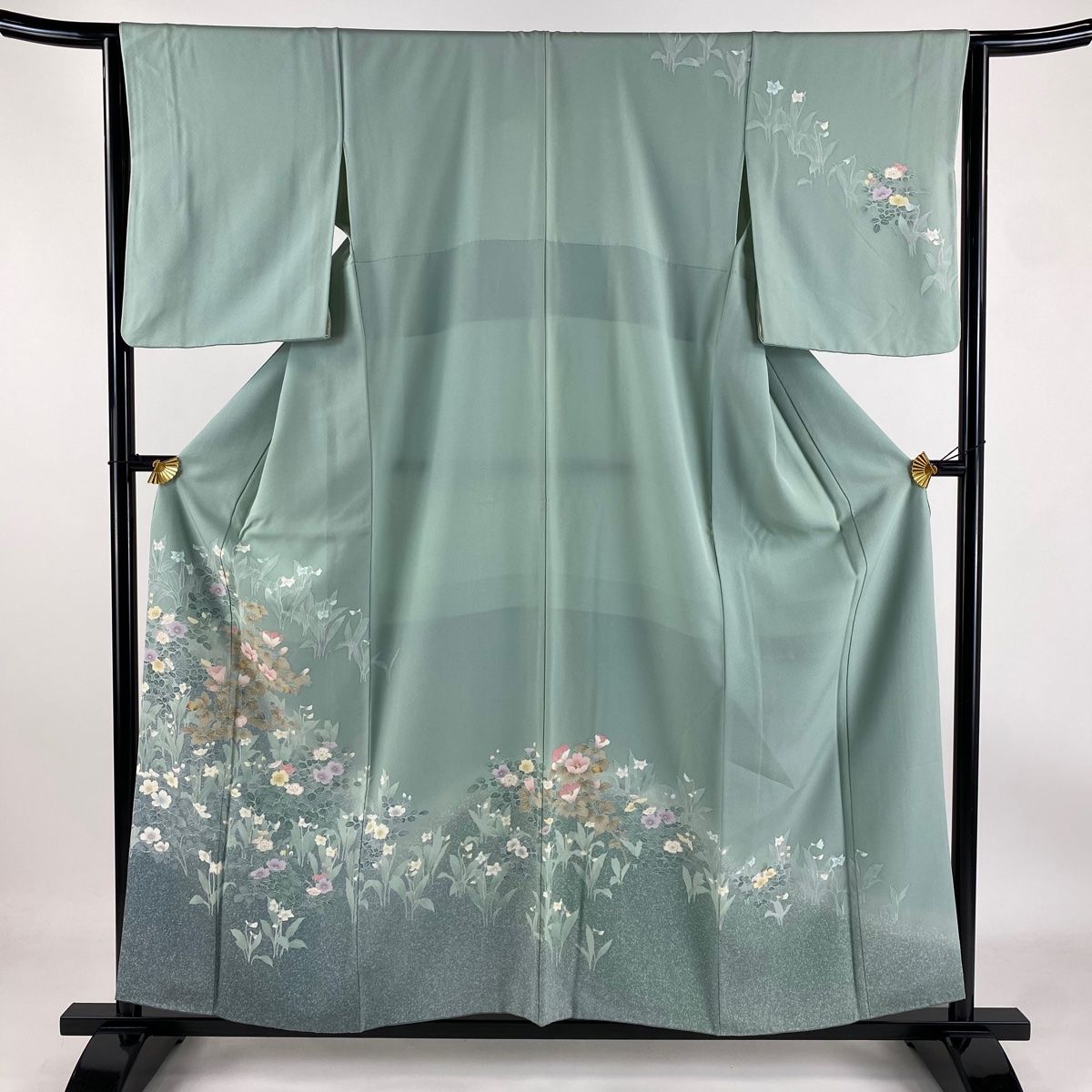 訪問着　付下げ　袷　正絹　薄緑　薄カーキ 訪問着 身丈157cm 裄丈64cm M 袷 草花 染分け ぼかし 薄緑 正絹