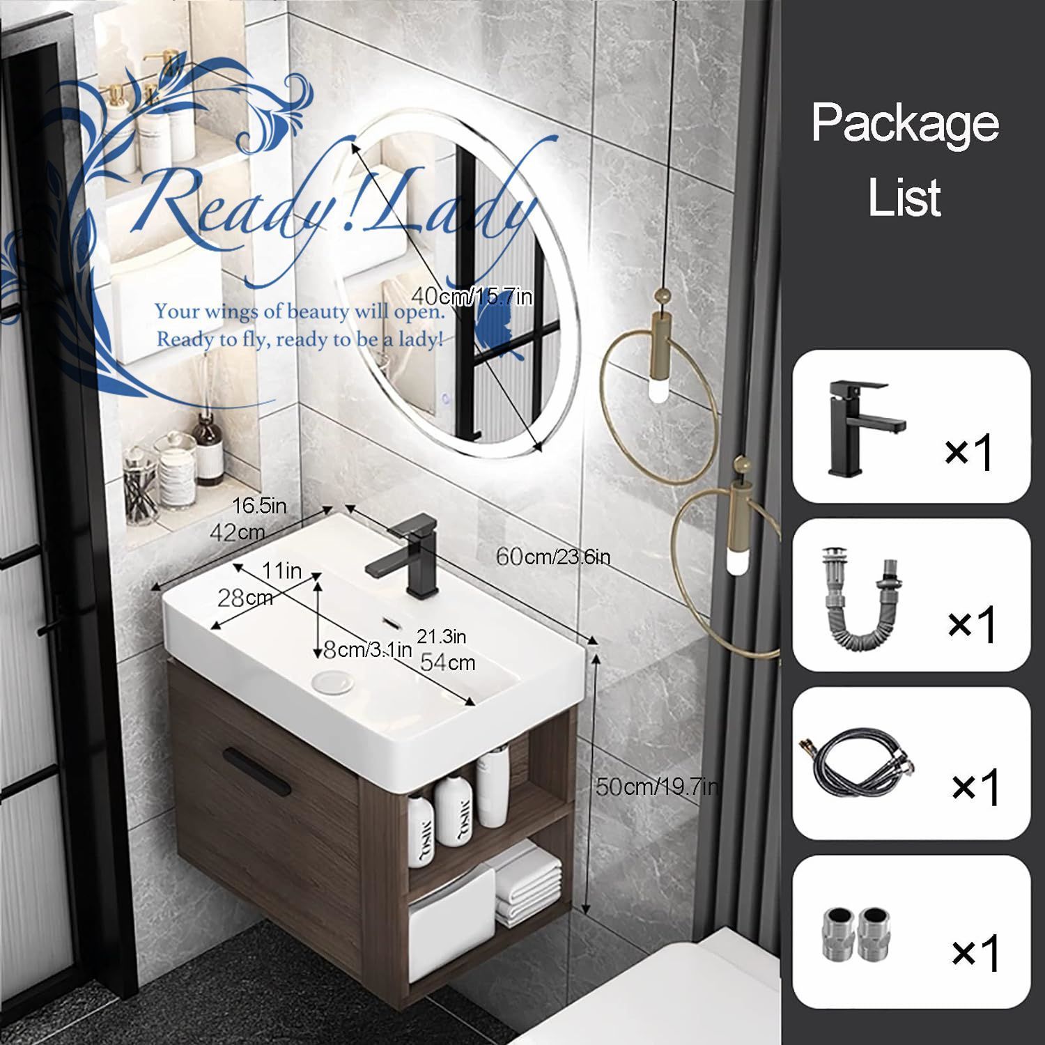 シンクトップ付き洗面化粧台キャビネット バスルーム収納キャビネット デフォガンドLEDライトミラー付き 60cm