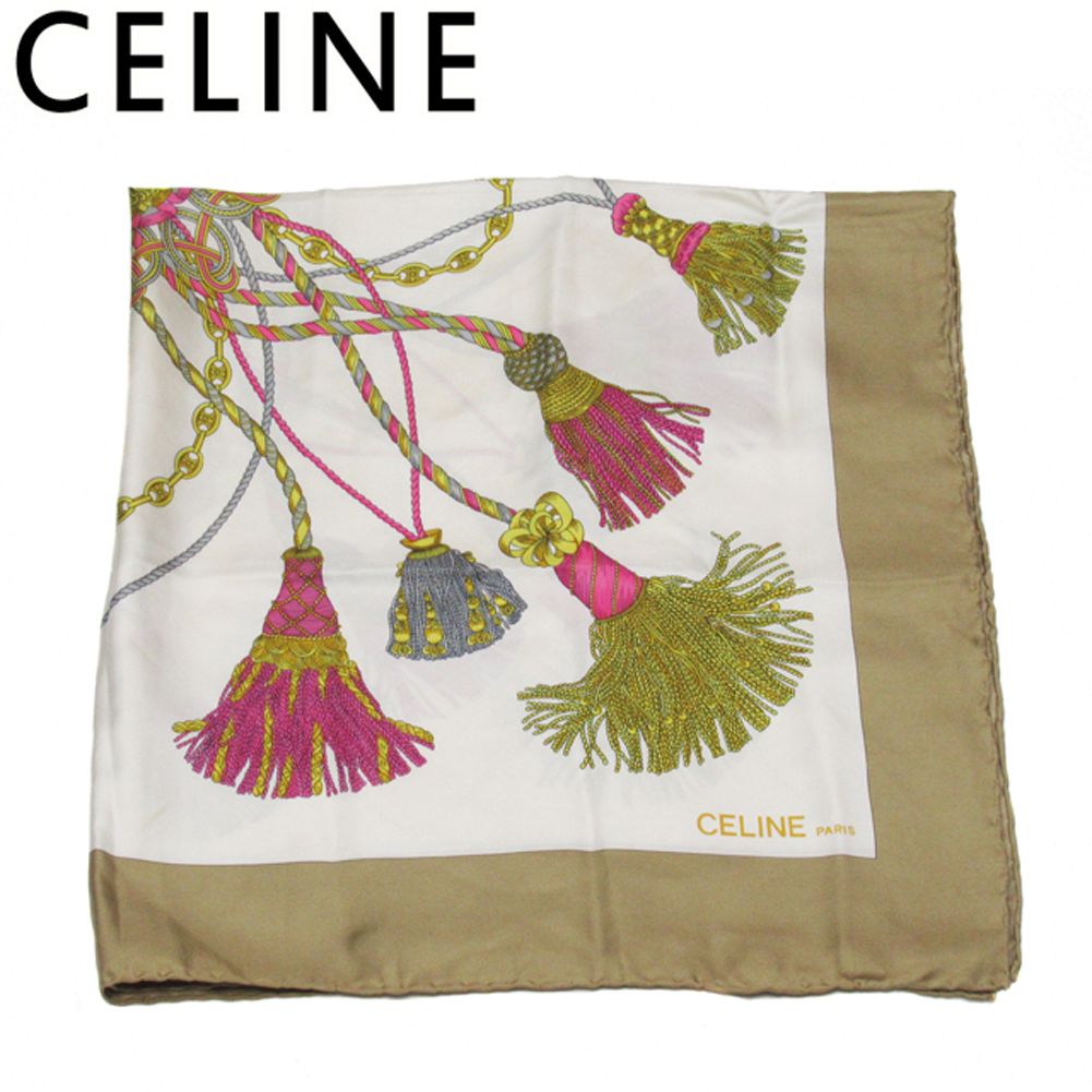 CELINE シルクスカーフ ピンク グレー 馬 タッセル 劍 美品 セリーヌ CELINE スカーフ タッセル マルチカラー ベージュ