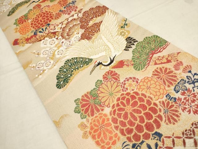 平和屋着物▽アンティーク 大正ロマン 丸帯 飛鶴花文 金糸 正絹 逸品