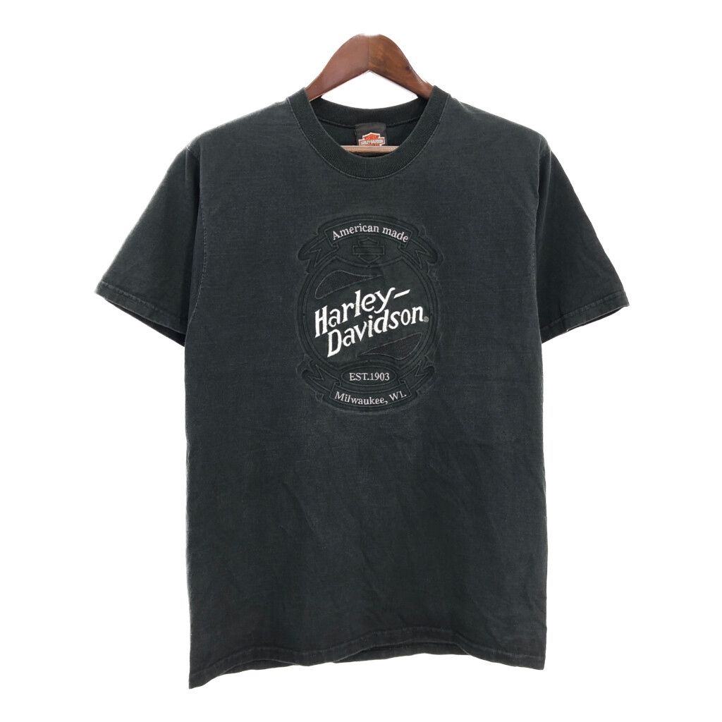 00年代 HARLEY DAVIDSON ハーレーダビッドソン 刺繍 モーターサイクル Ｔシャツ ブラック メンズ M 古着 U1256