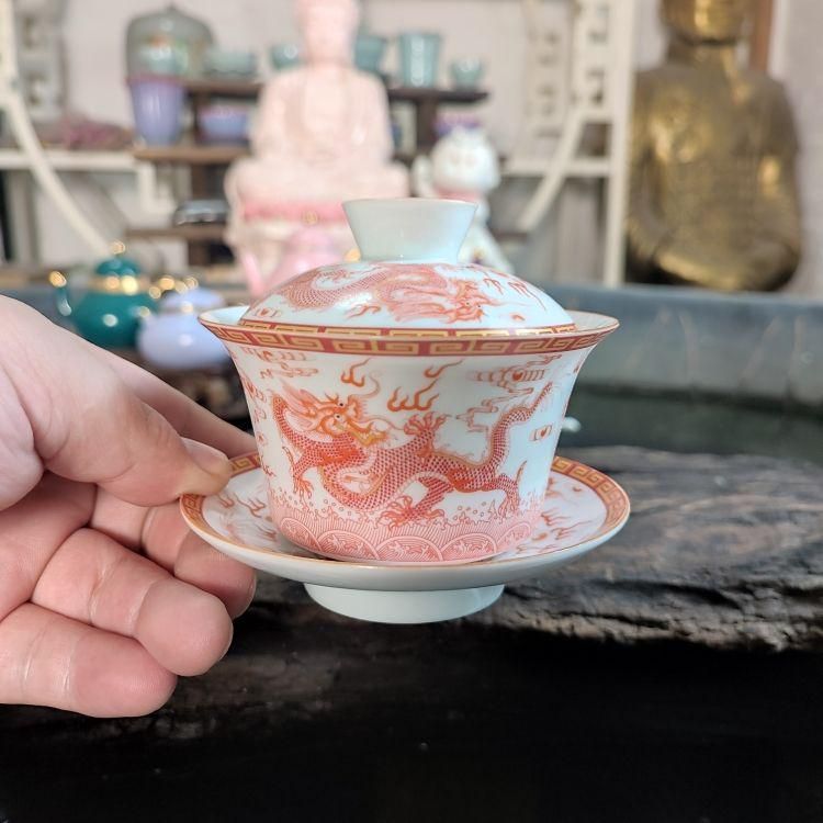中国茶器 景徳鎮?紅乾隆三才蓋碗茶碗 湯飲み 煎茶道具 未使用品