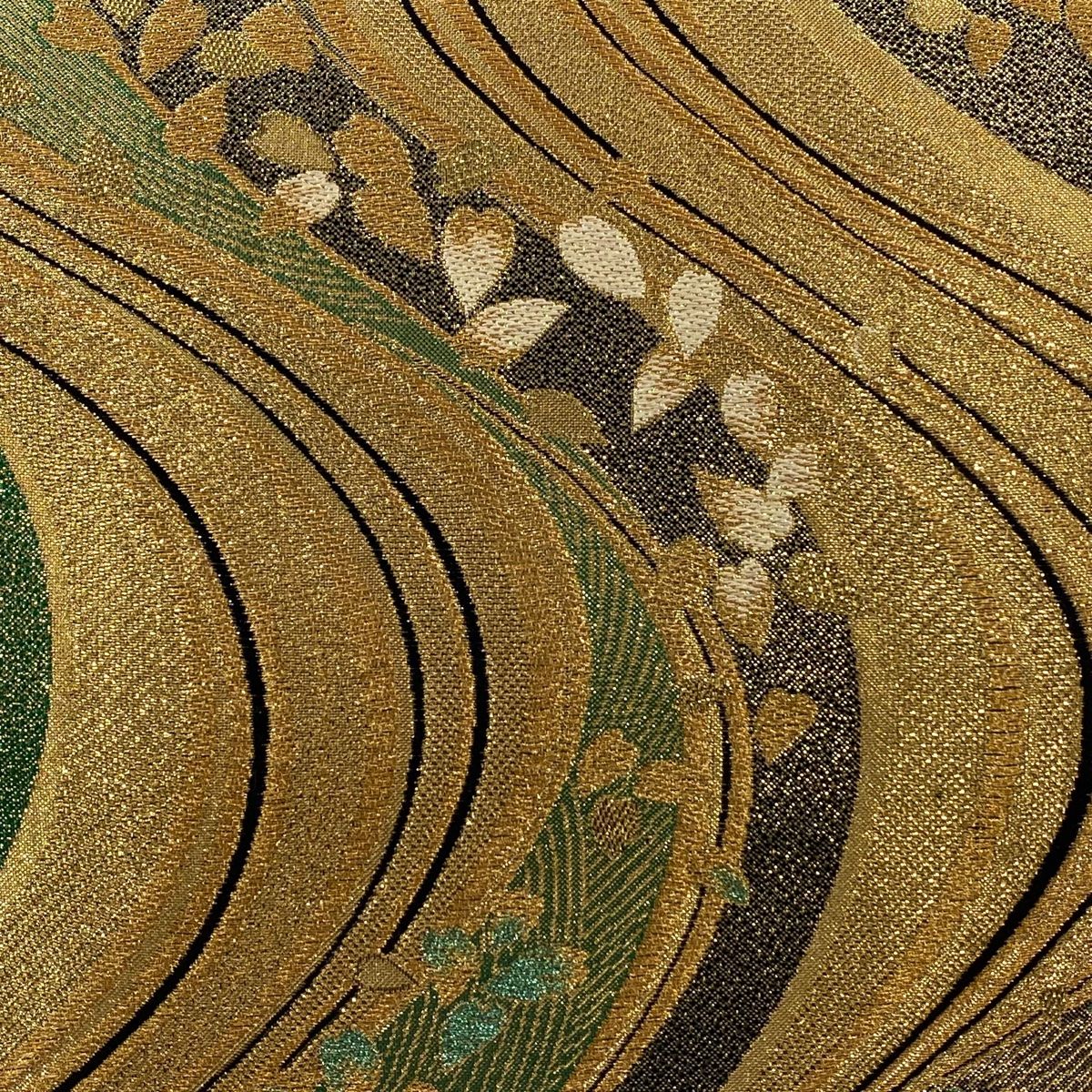 袋帯 流水 金糸 クリーム色 お仕立て込み 袋帯 美品 秀品 振袖向き 関西仕立て 流水 花びら 金糸 箔 金色