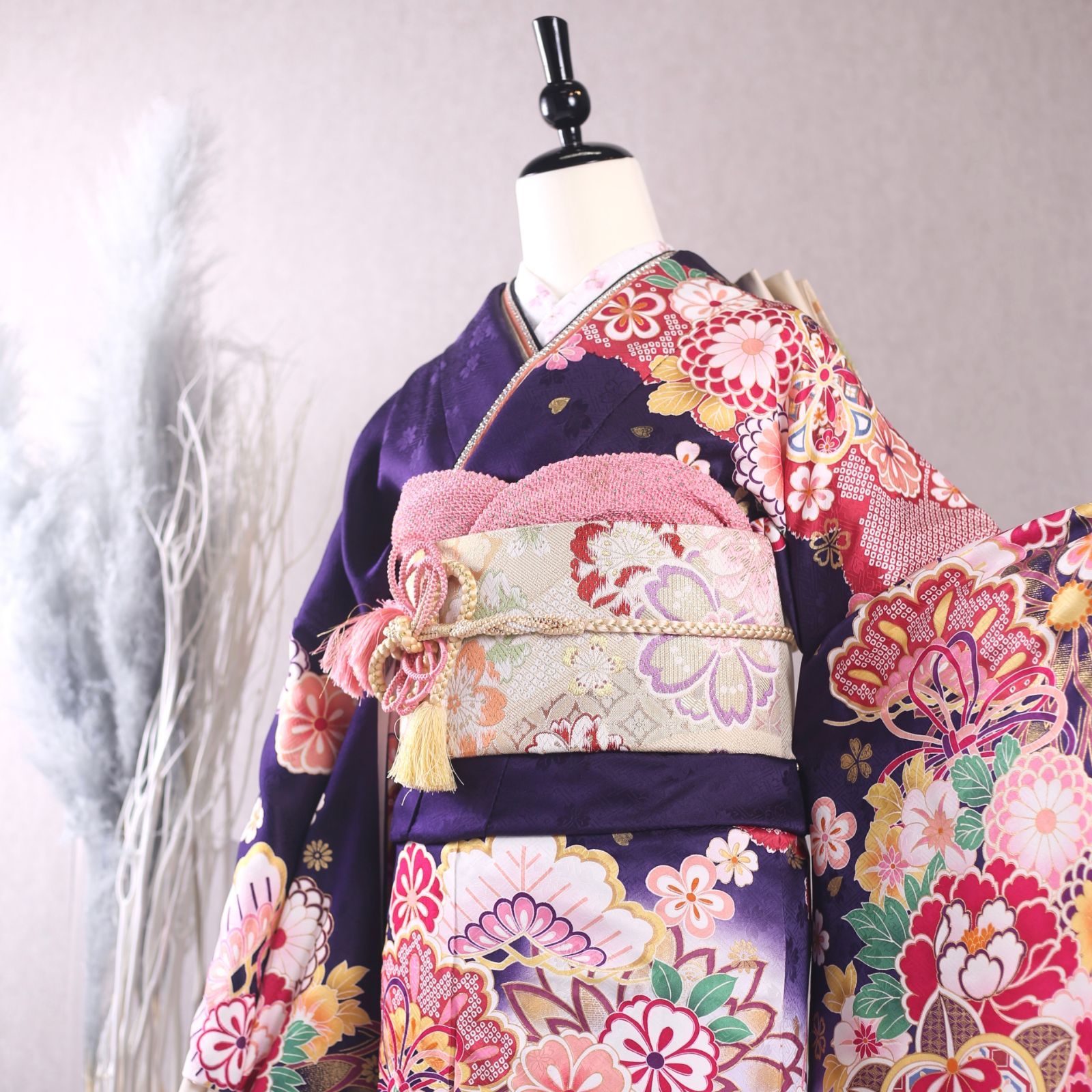 振袖フルセット 振袖セット 振袖 L～LLサイズ 紫紺×モダン 美品 成人式