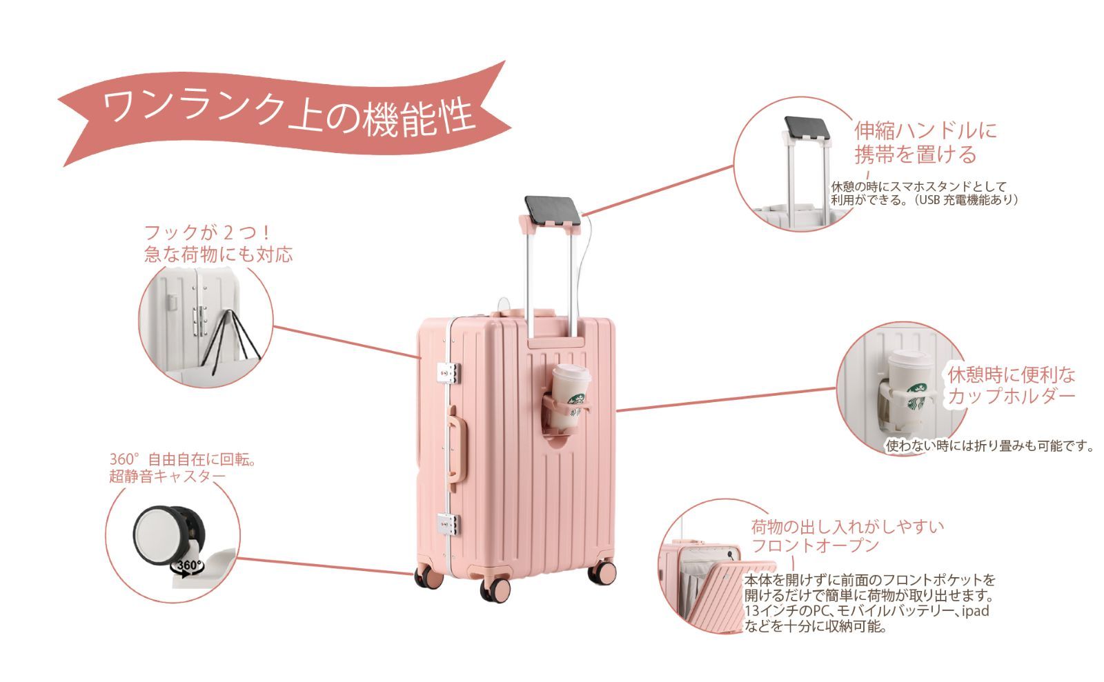 ピンク〕と〔トラベルポーチ7点セット ベージュ〕と〔キャスターカバー8個セット