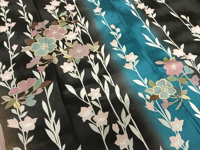 平和屋着物●訪問着　草花文　暈し染め　黒地　金彩　正絹　逸品　AAAU8210zg 平和屋着物○訪問着 草花文 暈し染め 黒地 金彩 正絹 逸品 AAAU8210zg