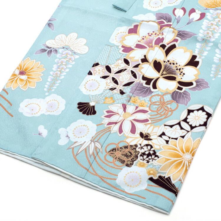 【美品】七五三 7歳 着物 単品 くすみカラー アイボリー 花柄 クラシカル 七五三 着物 7歳 着物単品 水色 くすみ色 部ブルー花柄 四つ身 長襦袢