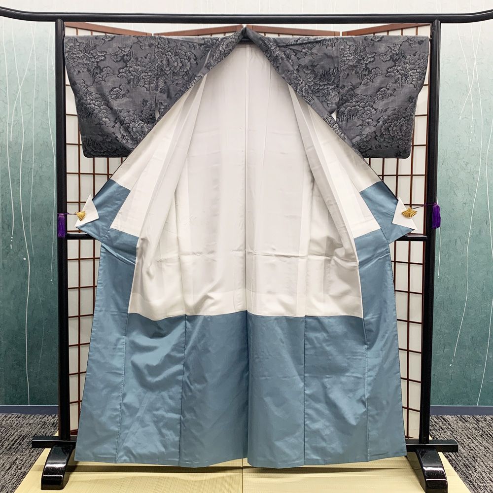 リサイクル着物 大島紬 大島 袷 黒 木々 女性用 sm-kimono2