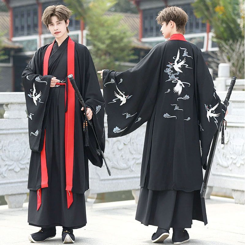 大人 チャイナ服 2点セット 3点セット 黒 おしゃれ 漢服 中華服 メンズ チャイナ風コスプレ衣装 中国古代服装 袴風 中華コスプレ衣装 タンチョウ 刺繍 赤縁取り 振袖羽織 ハロウィン イベント チャイナ古代古典 中華衣裳 S M L XL 2XL 3XL