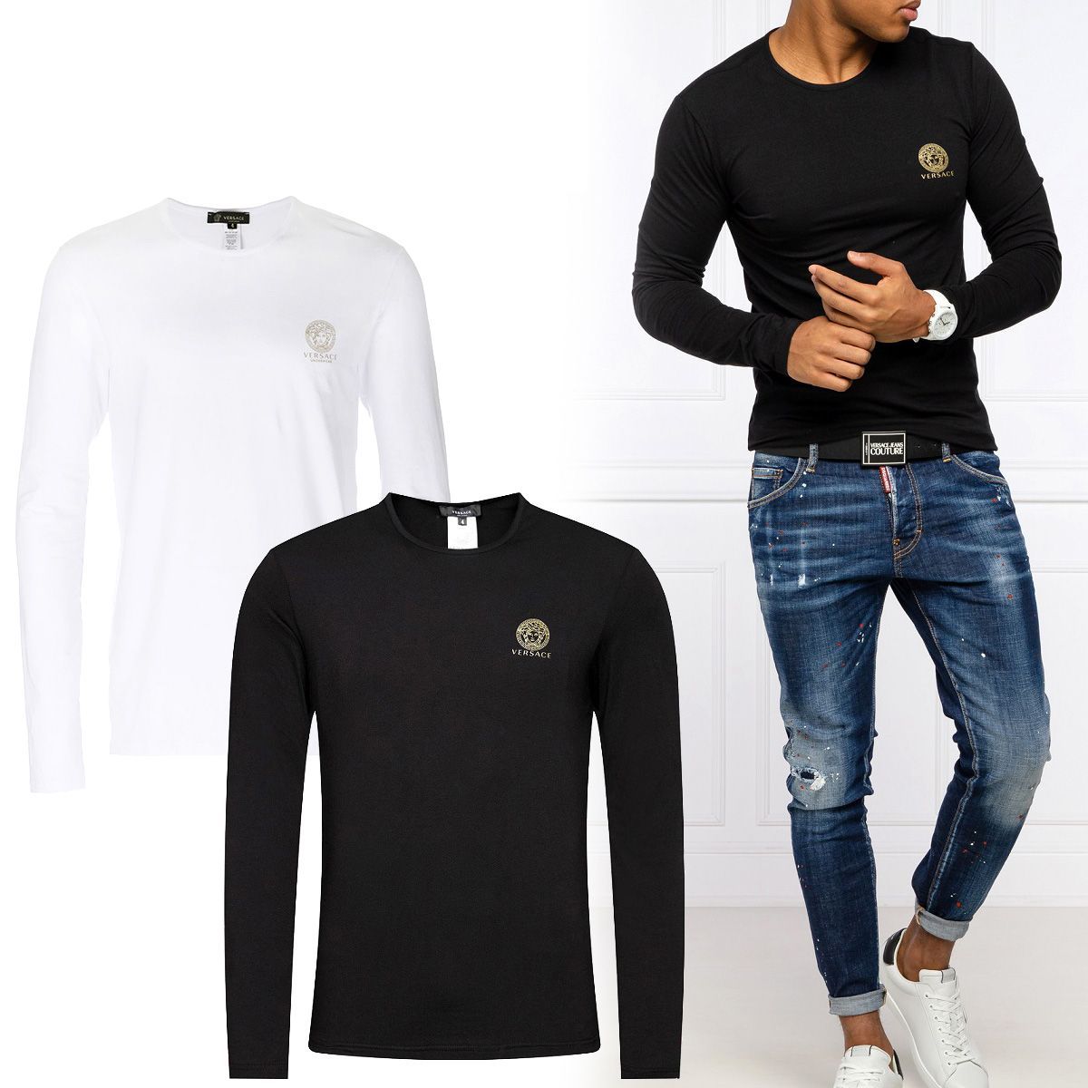 4 VERSACE ヴェルサーチ AU10197 ブラック ホワイト メデューサ 2枚セット 長袖Tシャツ
