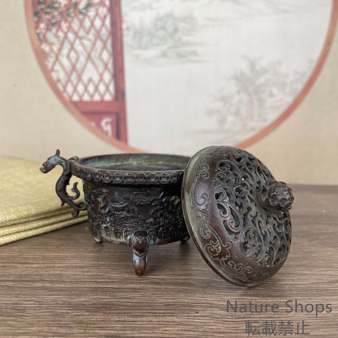 銅製 獅環耳独角鼓面薫炉 香道具 装飾品 工芸品 美術品 置物