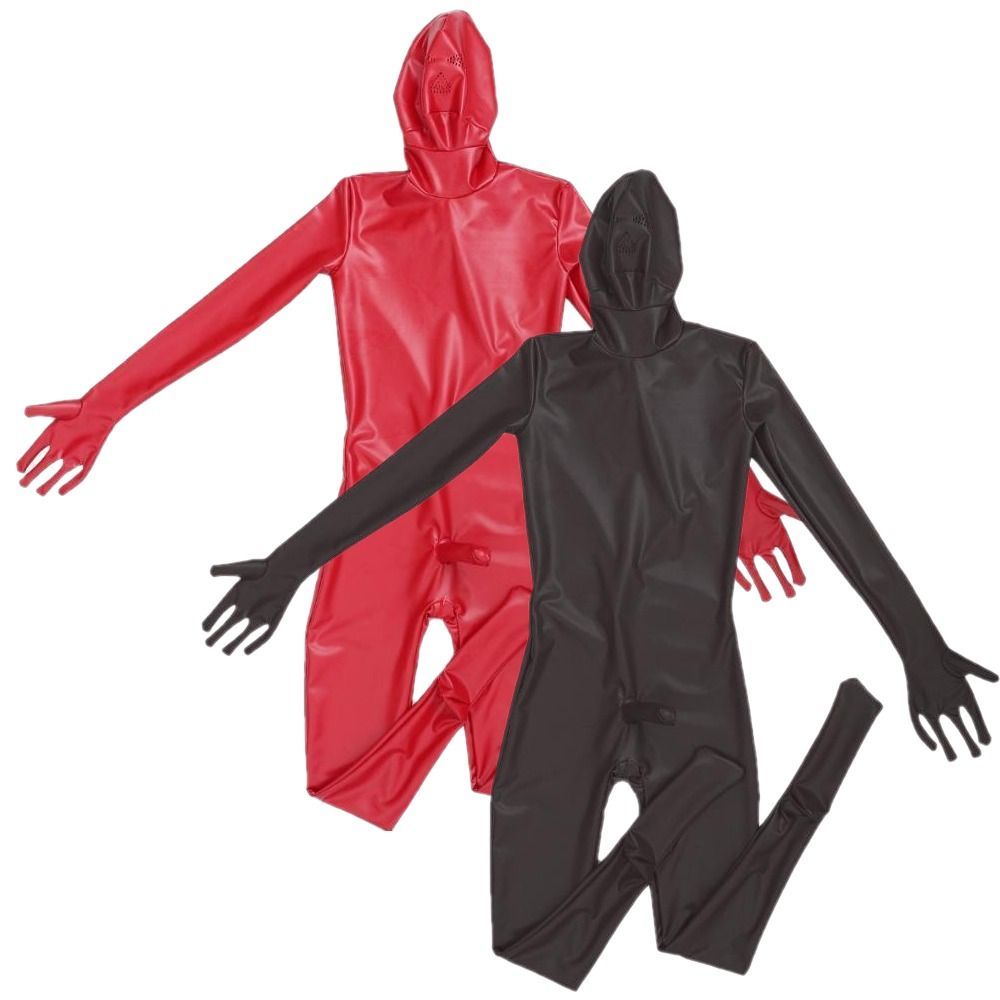 M〜4XL ラテックス ラバースーツ 全身タイツ メンズ コスプレ 手袋ソックスマスク一体型 黒 赤 キャットスーツ ペニケ付き M L XL 2XL 3XL 4XL ブラック レッド