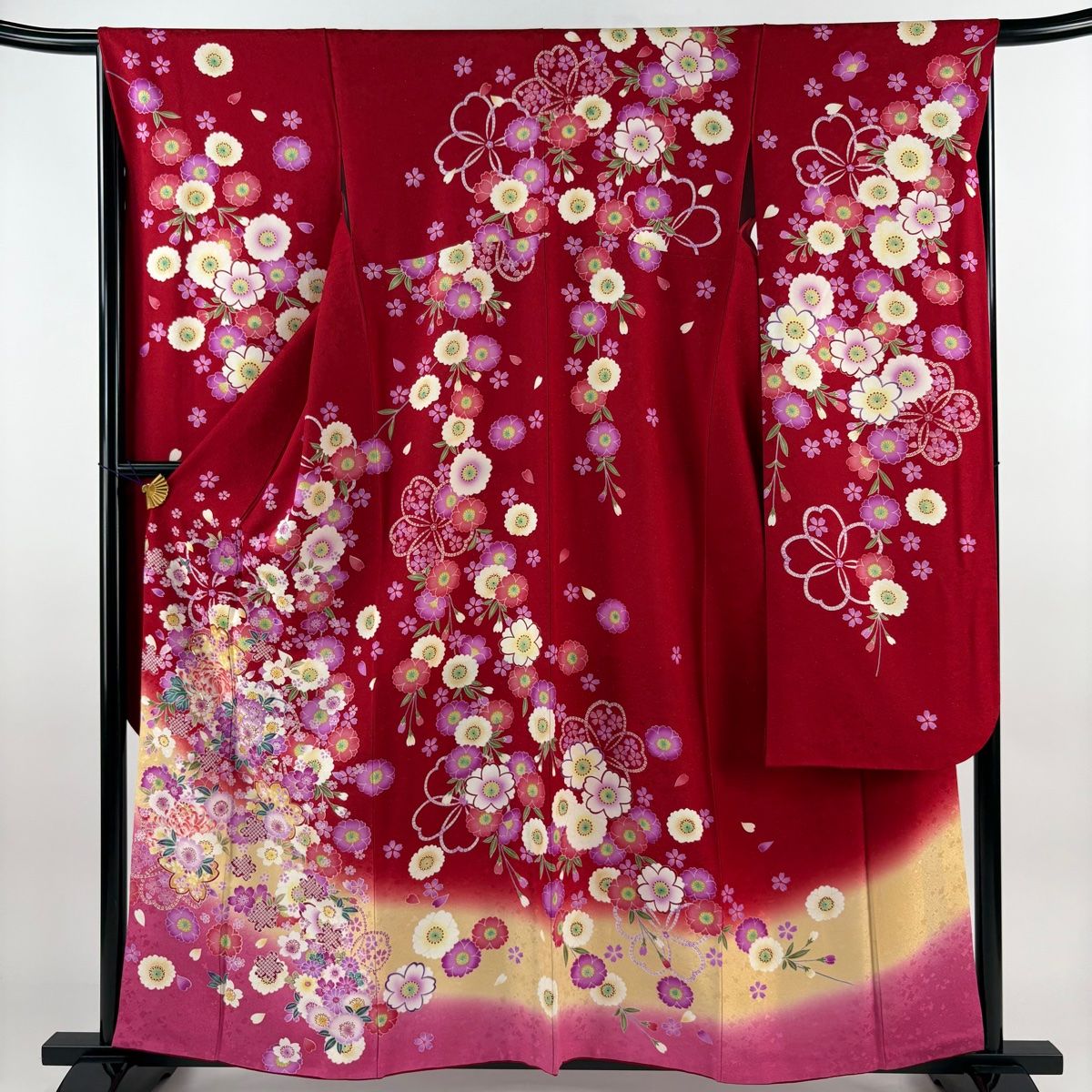 振袖 身丈159.5cm 裄丈66.5cm M 袷 桜 菊 銀通し 箔 赤 正絹