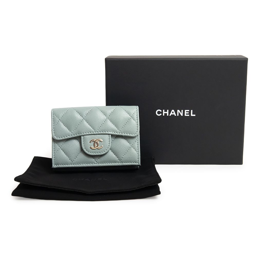 シャネル 3つ折り財布 AP0230 クラシック スモール レザー ブルーグレー
