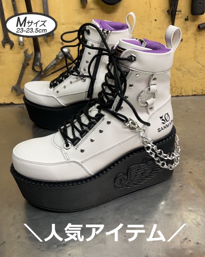 Mサイズ23.5cm ヨースケ YOSUKE 厚底ブーツ レディース ホワイトブラック ショートブーツ 厚底レースアップブーツ 編み上げブーツ 白 約8cm厚底フラットソール 定番 MY690-260
