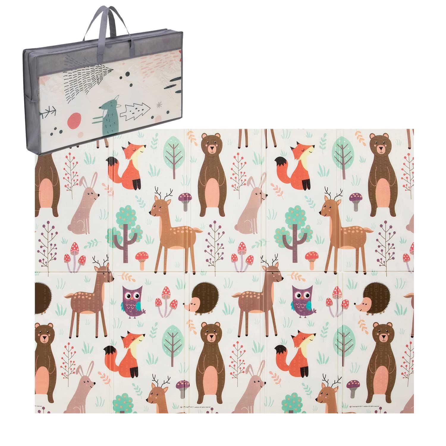 リバーシブル 森の動物×きつね 150×200×1cm プレイマット 収納バッグ付き ふわふわ ベビーマット クッションマット アストロ 折りたたみ お手入れ簡単 床キズ防止 730-01