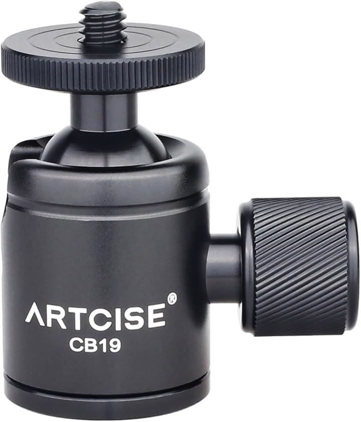 ARTCISE 19mm 볼, 스몰 프리 헤드, 1/4 인치 나사, 경량, CNC 가공, 알루미늄 합금, 미니 삼각대 헤드, 360도 회전 가능, 파노라마 카메라 헤드, 카메라 헤드, 라이트 스탠드, DSLR 카메라, 비디오 카메라 등과 호환 가능, 적재 용량: 3kg