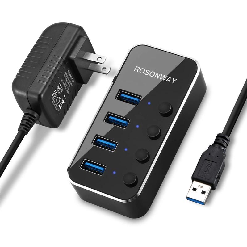 ROSONWAY USB ハブ 3.0 電源付き 4ポートUSB Hub セルフパワーとバスパワー アルミ製 5Gbps 高速転送 USB 3.0 ハブ独立スイッチ付 5V/2A ACアダプタ付き(RSH-516)