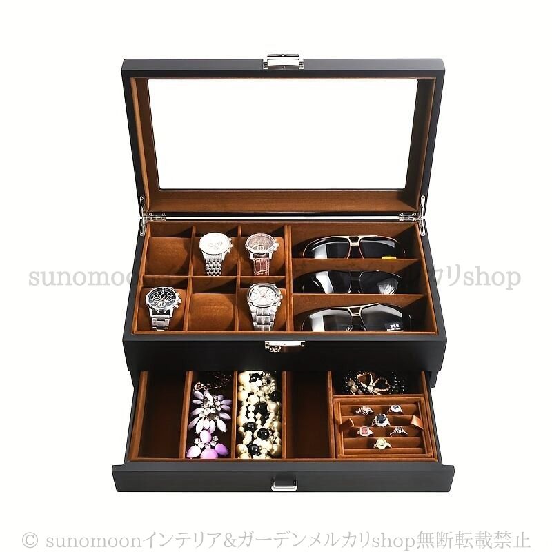 収納 ケース 腕時計 6本 木製 シック エレガント おしゃれ かわいい インテリア 北欧 見える 天窓 引き出し 付き ウォッチ ブラック
