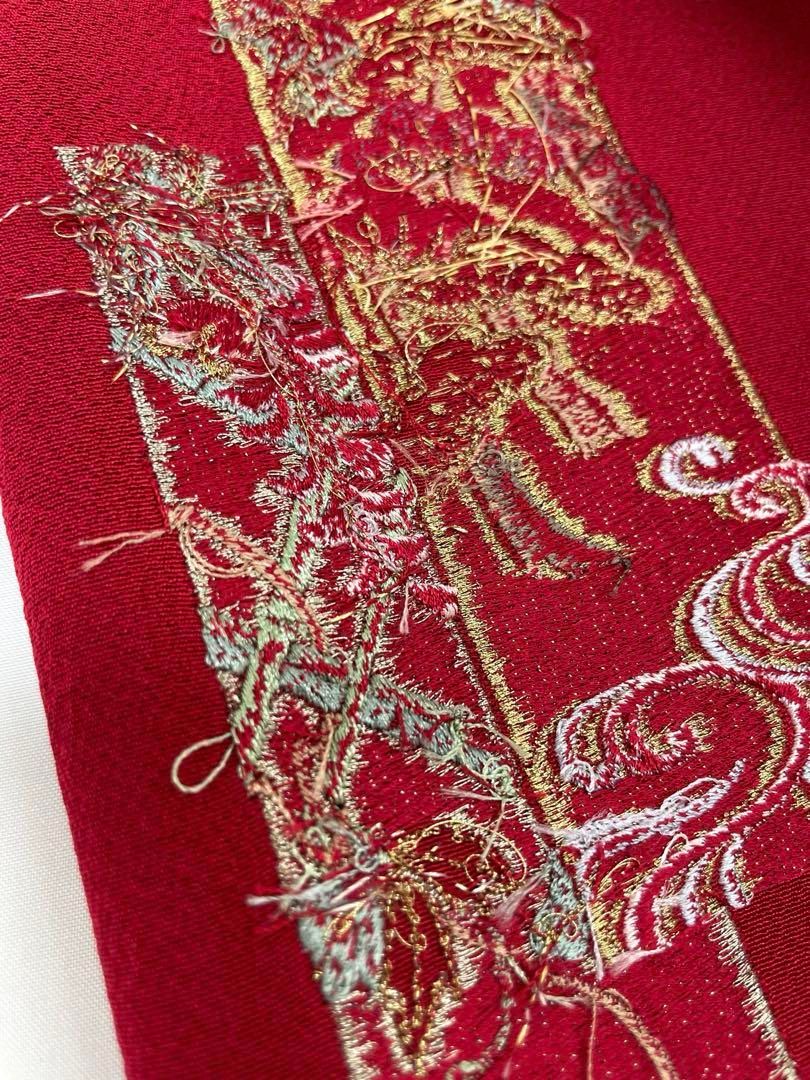 コート地 総刺繍 寿光織 朱・緋色 正絹 反物 コート地 総刺繍 寿光織 朱・緋色 正絹 反物