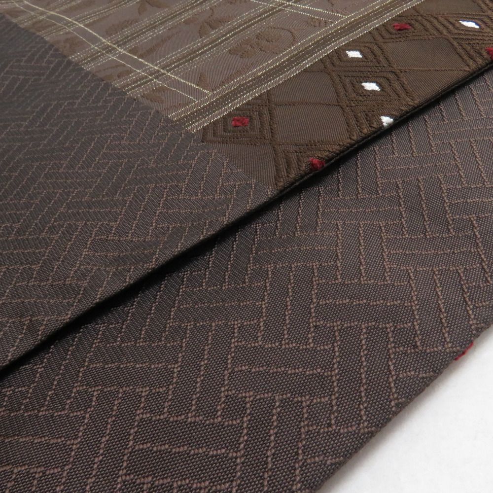 袋帯 松竹梅唐草 正絹 茶色 六通柄 仕立て上がり カジュアル 着物帯 長さ436cm 【キモノオフ野々市若松店】 袋帯 松竹梅唐草 正絹 茶色 六通柄 仕立て上がり カジュアル 着物帯 長