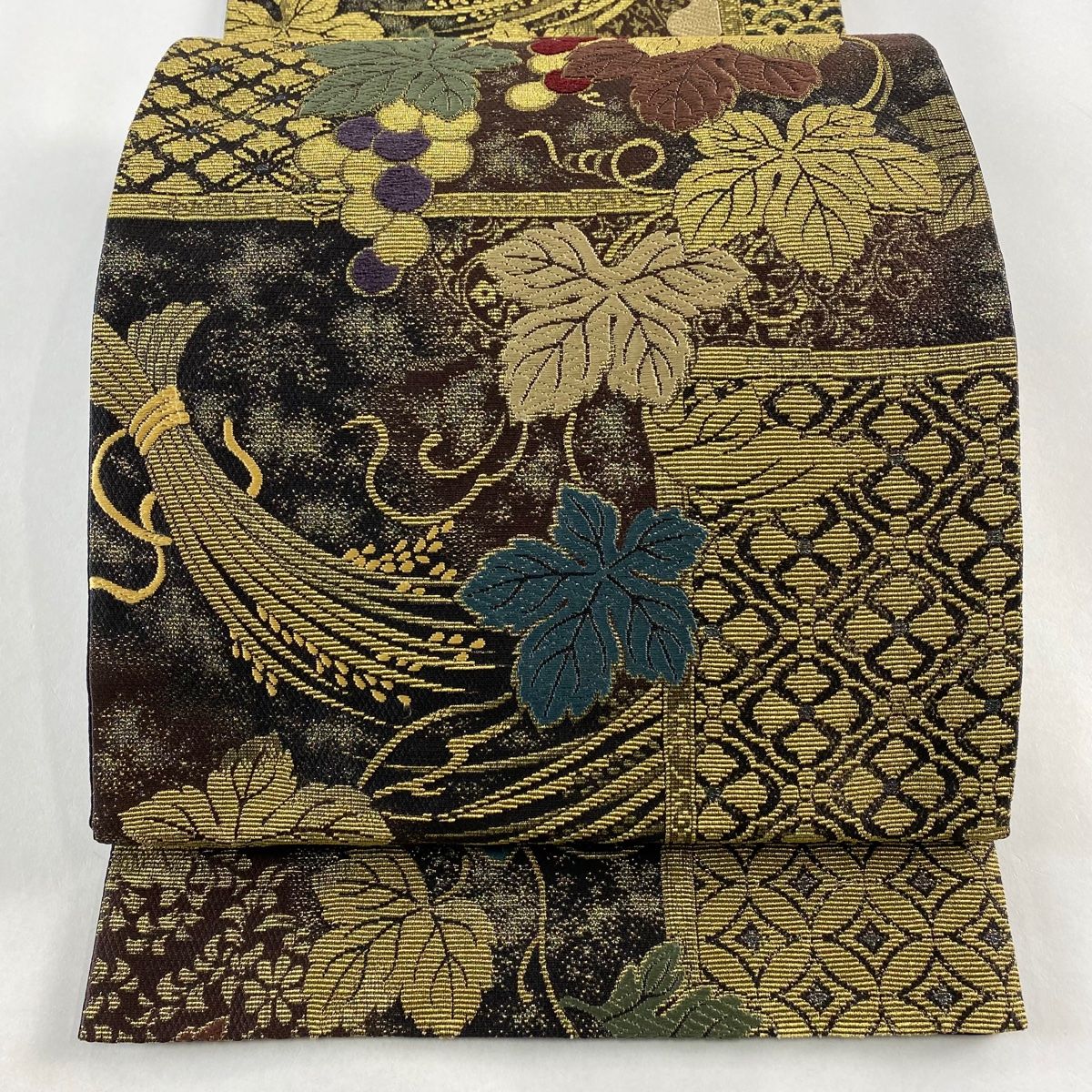 袋帯 金華山全通全景 葡萄 花菱 金糸 刺繍 茶紫 全通 正絹