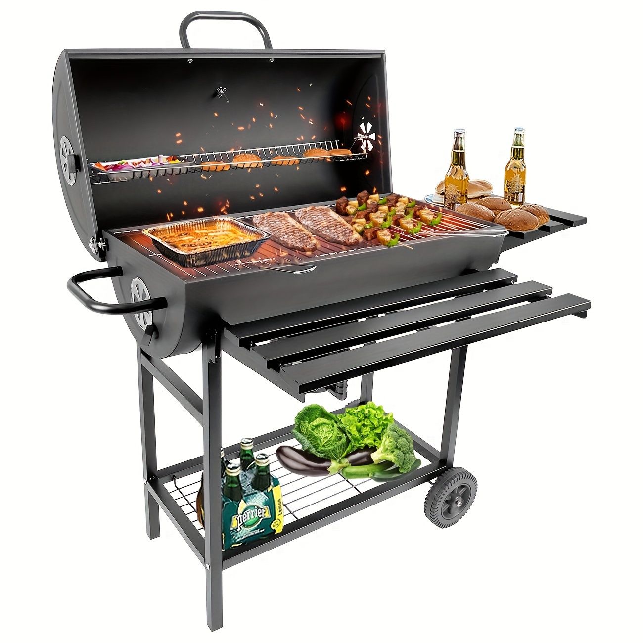 大型エナメル製チャコールBBQグリル クロムメッキ鉄製 灰キャッチャー＆スパイスラック付き - キャンプ パティオ ガーデン ビーチ バレルスタイル ホイールに最適