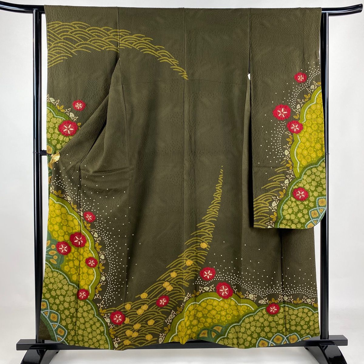 振袖 身丈157cm 裄丈62.5cm S 袷 桜 波 絞り 金彩 茶緑色 正絹 名品