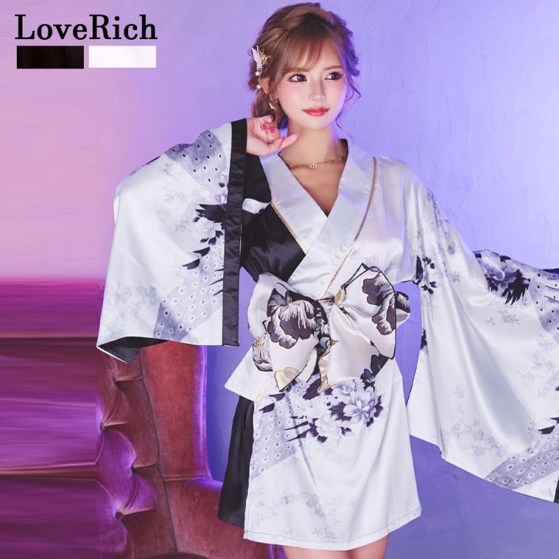 LoveRich ラブリッチ 2 バイ 鶴柄 和柄 オフショル ツートン 豪華 帯 花魁 着物 ドレス コスプレ イベント ハロウィン キャバドレス 1290