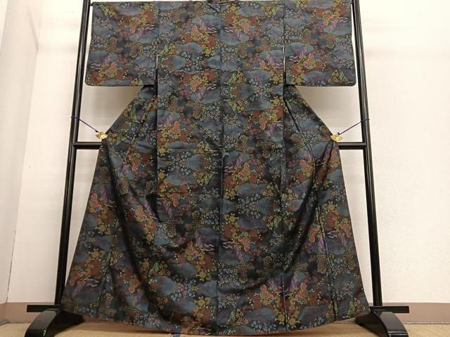 平和屋着物○本場大島紬 カタス9マルキ 風景文 黒地 正絹 逸品 AAAZ5000ck