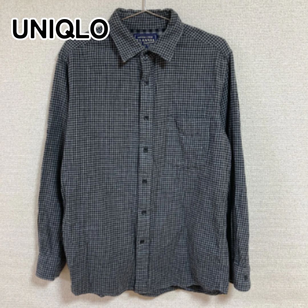 UNIQLO ユニクロ L ブラック×ホワイト チェック柄 長袖コットンシャツ