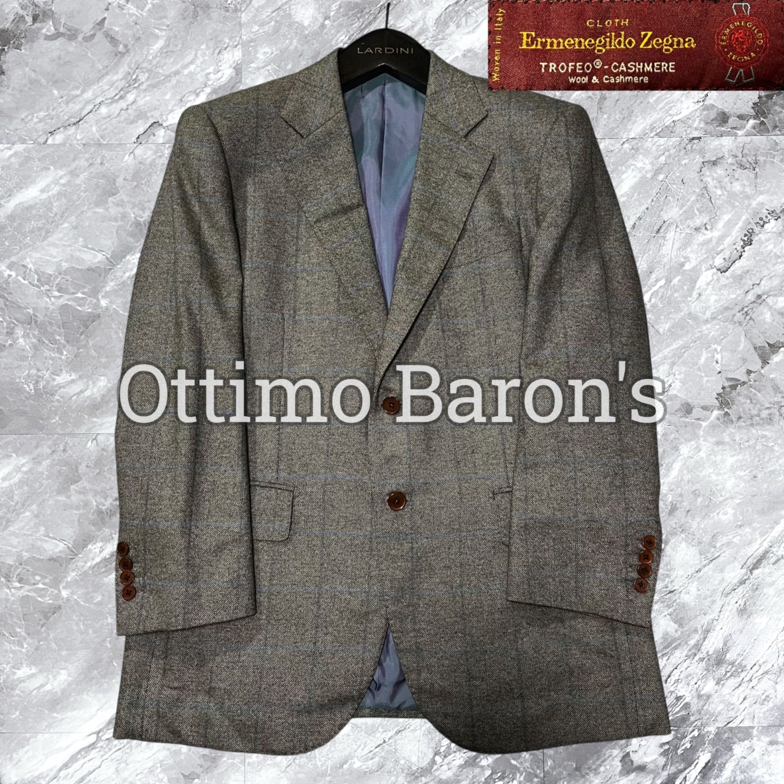 ♥級 Ottimo Baron s オッティモ バロンズ Ermenegildo Zegna エルメネジルドゼニア テーラードジャケット カシミヤ カシミア ウール チェック 2B 総裏 サイドベンツ 本切羽 グレー 灰色 サイズM相当