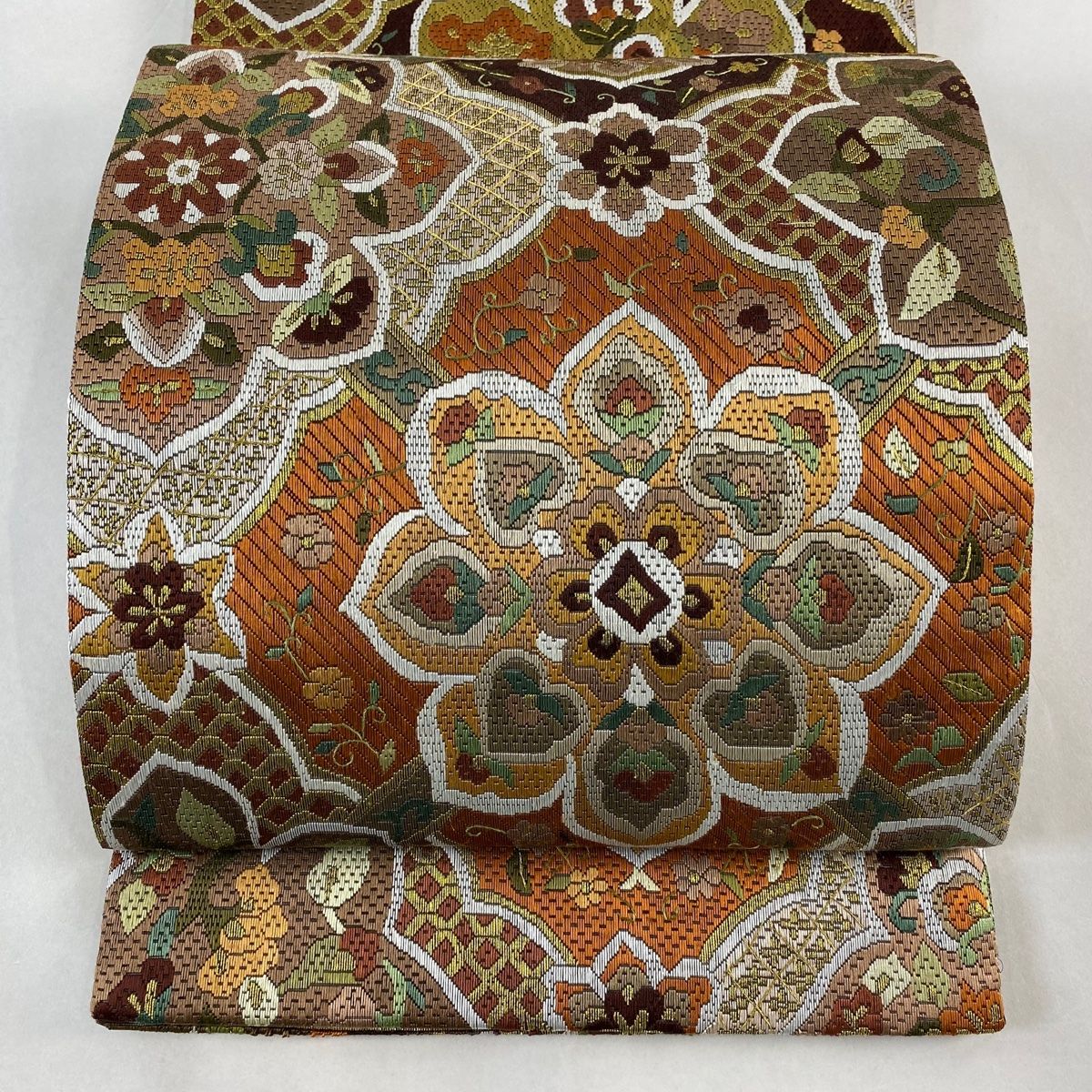 袋帯 逸品 華文 花鳥 絽刺し 金糸 茶色 全通 正絹 【中古】 - メルカリ 