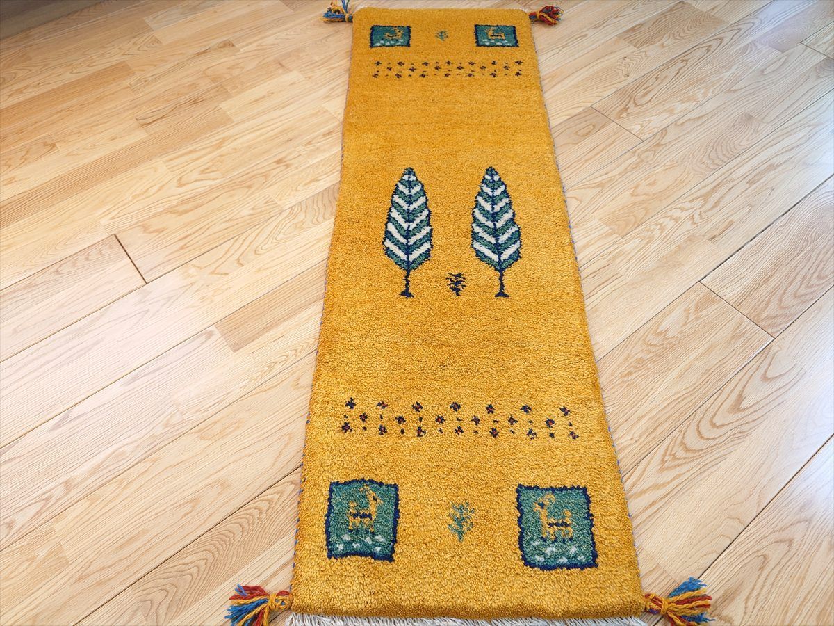 ペルシャ ギャッベ ミニランナー 細長いラグ 120x40cm 黄金色 パネル