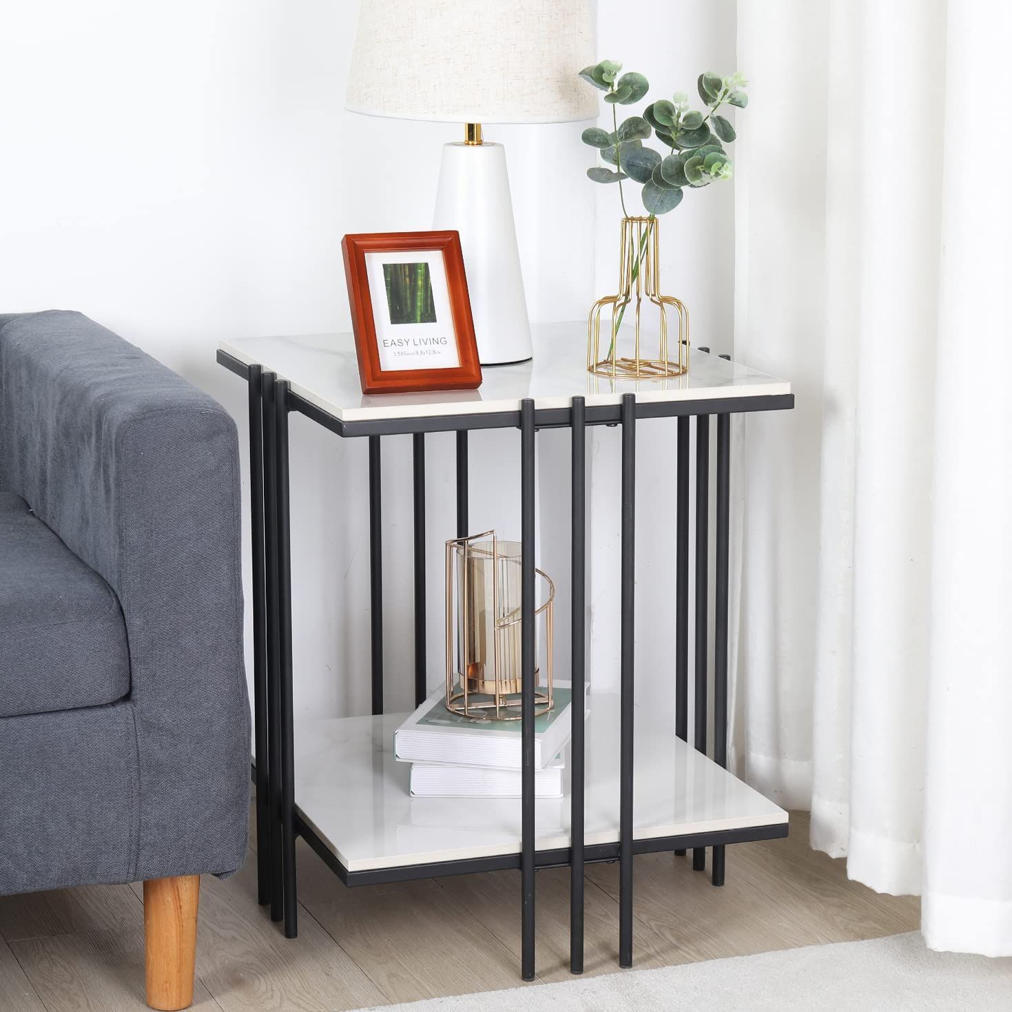 在庫 UNHO サイドテーブル ナイトテーブル ベッドサイドテーブル 大理石調 石材天板 ソファ横 コーヒーテーブル 白 棚付き ソファテーブル おしゃれ 幅45×奥行45×高さ55cm MARWIL-DEMENAGEMENTS_CH