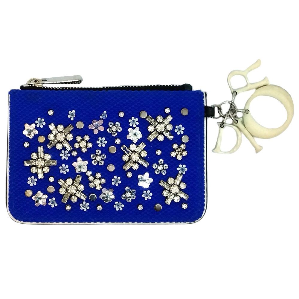 ディオール Dior 小銭入れ メッシュ ビーズ コインケース キャンバス レザー ブルー キーリング付