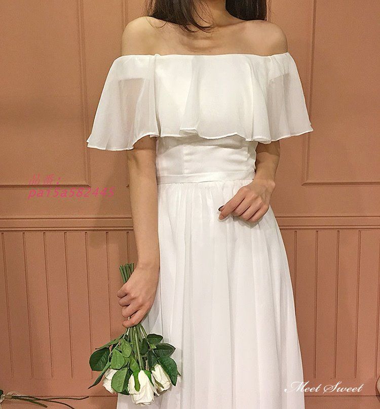 ウェディングドレス ロングドレス スレンダードレス オフショルダー ワンピース 白 前撮り シフォン ウエディングドレス 二次会 花嫁 ブライダル 結婚式 pai5a582445