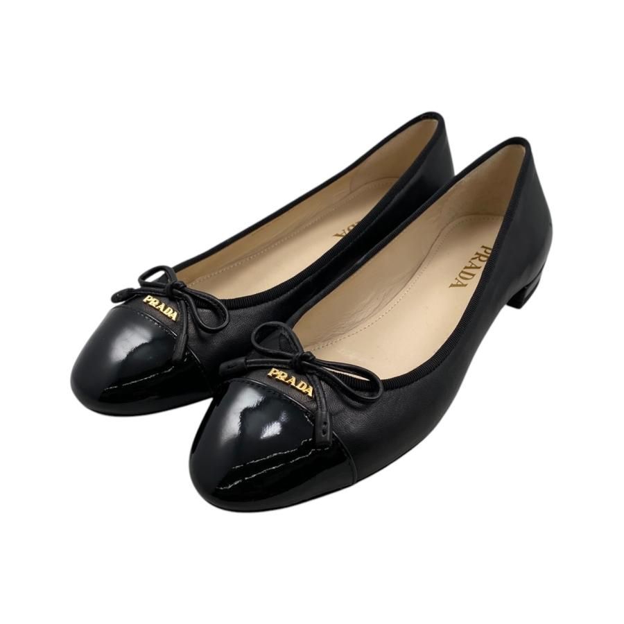 E4056 プラダ パンプス バレリーナ フラットシューズ 1F889D 36 1|2サイズ ロゴ リボン ブラック ゴールド金具 PRADA
