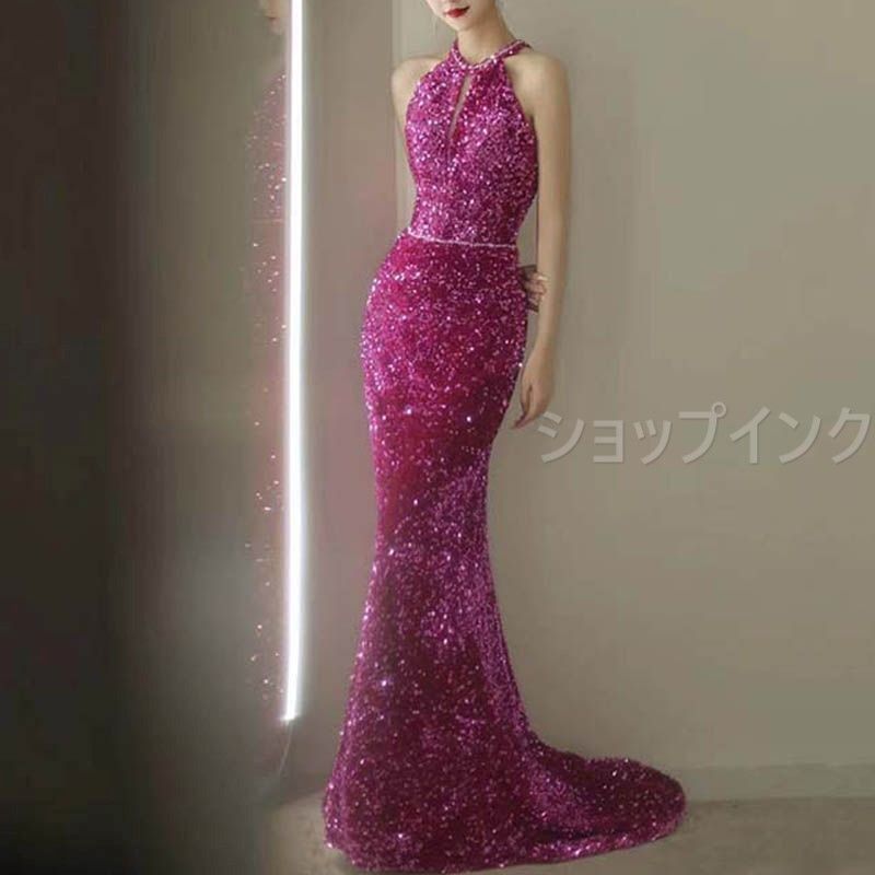 ドレス カクテルドレス ロング丈 パーティードレス レッド 赤 袖なし ホルダーネック マーメイドドレス フィッシュテール スパンコール きらきら バイオリン発表会 演奏会 ステー コンクール イブニングドレス 1273