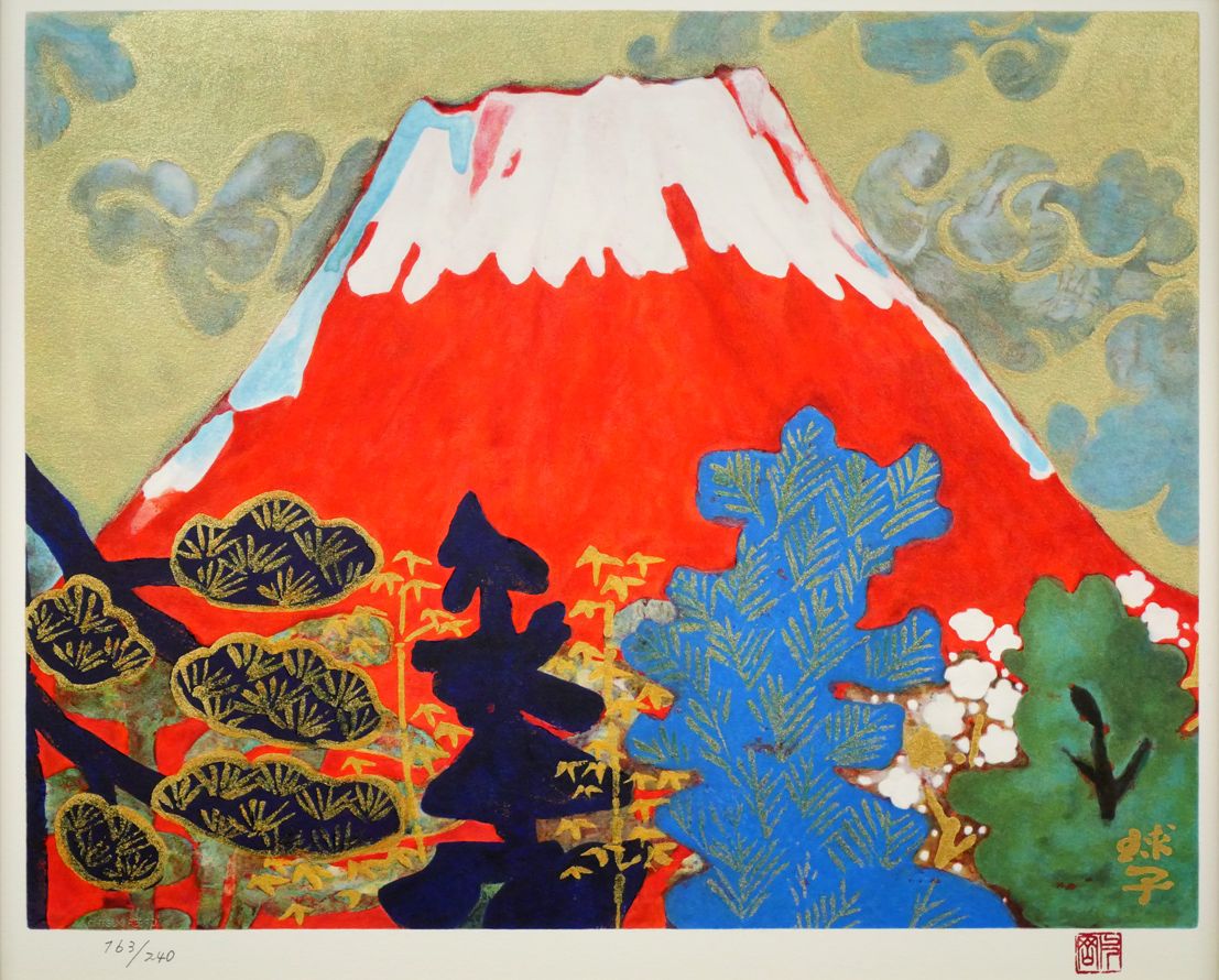 真作□鶴田一郎 版画 パープル&レッド 150部限定□絵画 リトグラフ